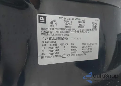 2011 Chevrolet Tahoe Lt из США, поврежденный, VIN 1GNSCBE08BR392607